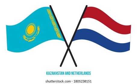 Kazakhstan and Netherlands Flags Crossed And Waving Flat Style. Official Proportion. Correct Colors.