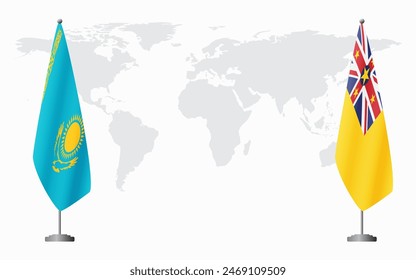 Kazakhstan and Niue flags for official meeting against background of world map.