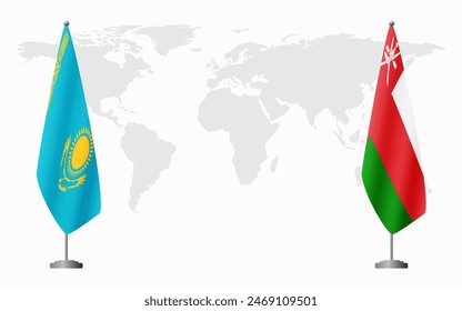 Kazakhstan and Oman flags for official meeting against background of world map.