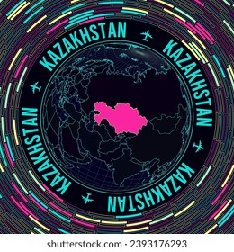 Kazakhstan on globe. Satelite view of the world centered to Kazakhstan. Bright neon style. Futuristic radial bricks background. Attractive vector illustration.