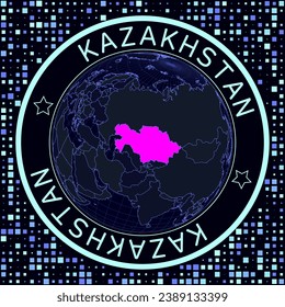 Kazakhstan on globe vector. Futuristic satelite view of the world centered to Kazakhstan. Geographical illustration with shape of country and squares background. Bright neon colors on dark background.