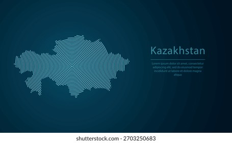 Mapa de contorno de Kazajistán lleno de círculos concéntricos sobre fondo degradado oscuro
