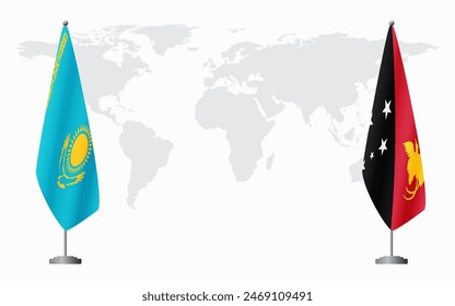 Kazakhstan and Papua New Guinea flags for official meeting against background of world map.