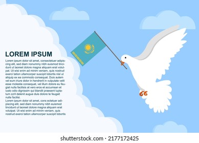 Concepto de paz de Kazajistán con área de texto, ave de la paloma de la paz con bandera de Kazajistán en su pico, paloma volando en las nubes, diseño de ilustración vectorial, plantilla del día de la paz de Kazajistán, idea de libertad