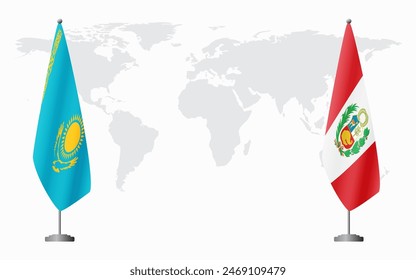 Kazakhstan and Peru flags for official meeting against background of world map.