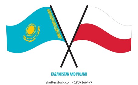 Kazakhstan and Poland Flags Crossed And Waving Flat Style. Official Proportion. Correct Colors.