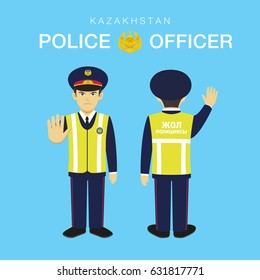 Kazakhstan police officer character. Stop gesture. Police department. Flat vector illustration.