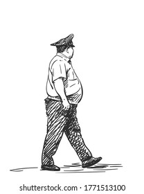 Kazakhstan police officer plus-size, Vector sketch, Hand drawn illustration. View from side