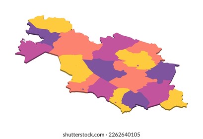 Kazakhstan political map of administrative divisions - regions and cities with region rights and city of republic significance Baikonur. Isometric 3D blank vector map in four colors scheme.