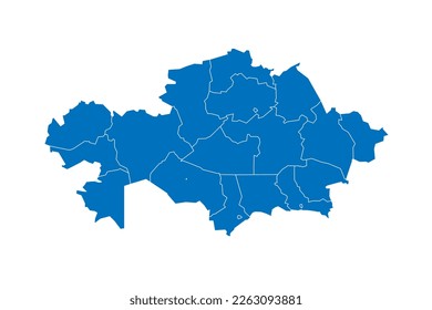 Kazakhstan political map of administrative divisions - regions and cities with region rights and city of republic significance Baikonur. Solid blue blank vector map with white borders.