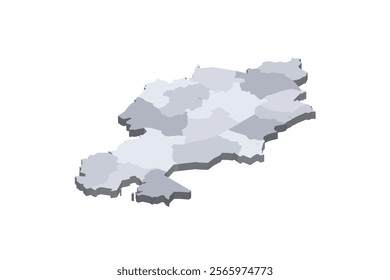 Kazakhstan political map of administrative divisions - regions and cities with region rights and city of republic significance Baikonur. 3D isometric blank vector map in shades of grey.