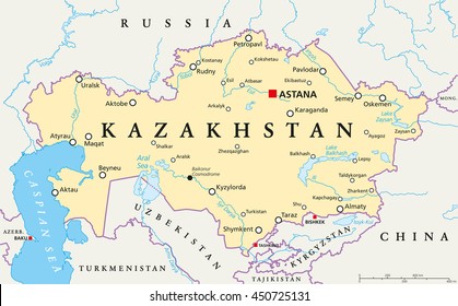 Kazakhstan political map with capital Astana, national borders, important cities, rivers and lakes. Republic in Central Asia and the worlds largest landlocked country. English labeling. Illustration. svg