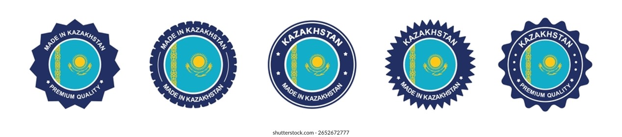 Produktbeschriftungssatz für Kasachstan. Kasachstan Flagge, Premium in Kasachstan gemacht. Etiketten, Siegel, Stempel, Fahnen, Symbole