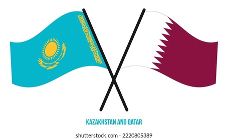 Kazakhstan and Qatar Flags Crossed And Waving Flat Style. Official Proportion. Correct Colors.