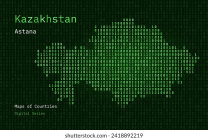 Kazakhstan, Qazaqstan Map Shown in Binary Code Pattern. TSMC. Blue Matrix numbers, zero, one. World Countries Vector Maps. Digital Series