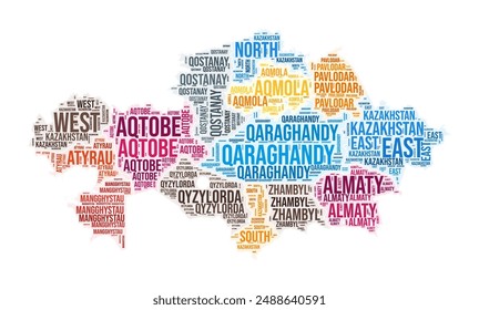 Kazakhstan region word cloud. Country shape design. Kazakhstan colored illustration. Region names collage cloud. Vector illustration.