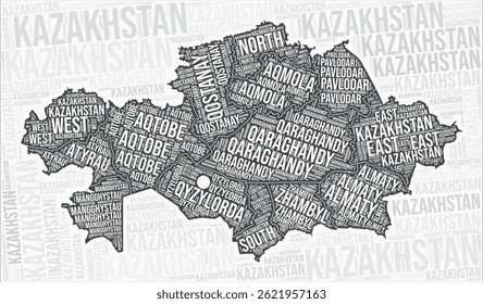 Kazakhstan regions map word cloud. Kazakhstan region names. Black and white map design. Stylish vector illustration.