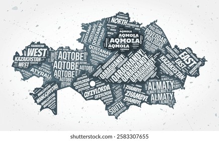 Kazakhstan regions word clouds. Country shape on textured background. Kazakhstan design in typographic style. Elegant vector illustration.