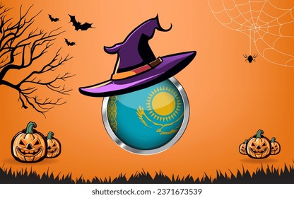 kazakhstan round flag with Happy Halloween banner or party invitation background. bats, spiders and pumpkins, orange background