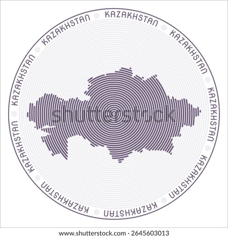 Kazakhstan round logo design. Country shape build of rings. Kazakhstan text around the country. Vector Illustration.