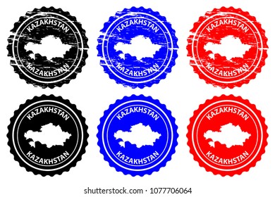 Kazakhstan - rubber stamp - vector, Kazakhstan map pattern - sticker - black, blue and red