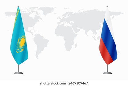 Kazakhstan and Russia flags for official meeting against background of world map.