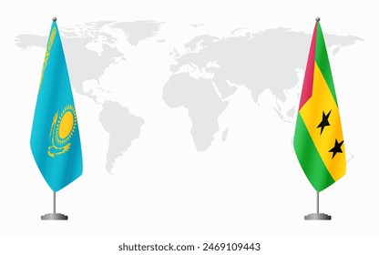 Kazakhstan and Sao Tome and Principe flags for official meeting against background of world map.