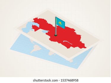 Kazakhstan selected on map with isometric flag of Kazakhstan. Vector paper map.