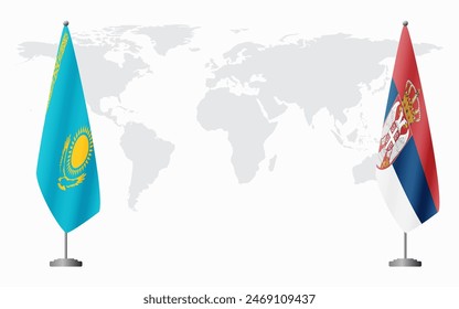 Kazakhstan and Serbia flags for official meeting against background of world map.