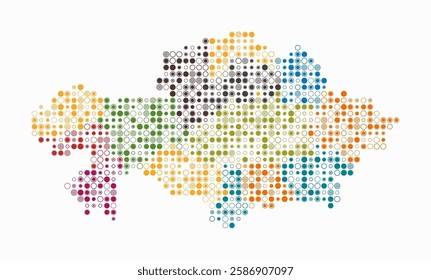 Kazakhstan, shape of the country build of colored cells. Digital style map of the Kazakhstan on white background. Small size circle blocks. Vibrant vector illustration.