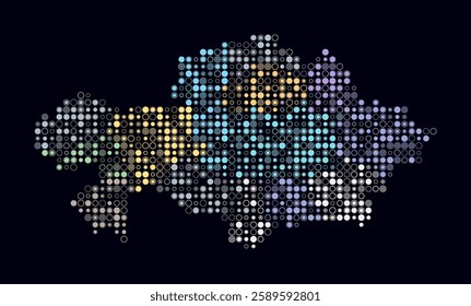 Kazakhstan, shape of the country built of colored cells. Digital style map of Kazakhstan on a dark background. Small size circle blocks. Modern vector illustration.