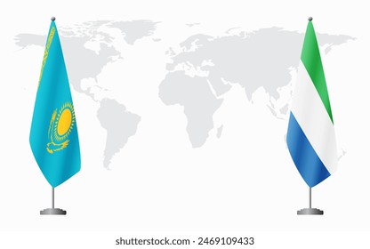 Kasachstan und Sierra Leone Flaggen für offizielle Sitzung vor dem Hintergrund der Weltkarte.