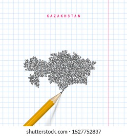 Kazakhstan sketch scribble map drawn on checkered school notebook paper background. Hand drawn vector map of Kazakhstan. Realistic 3D pencil.