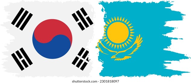 Kazakhstan and South Korea grunge flags connection, vector