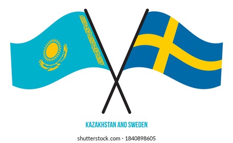 Kazakhstan and Sweden Flags Crossed And Waving Flat Style. Official Proportion. Correct Colors.