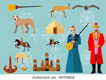 Kazakhstan symbols flat icons set. People in ethnic dress, national sport