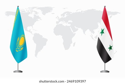 Kazakhstan and Syria flags for official meeting against background of world map.