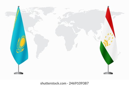 Kazakhstan and Tajikistan flags for official meeting against background of world map.