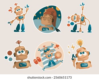 Kazakhstan, Termitau - December 10, 2024: stickers with the image of a cute robot. Vector illustration EPS10