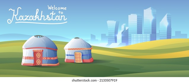 Kazakhstan traditional yurts on modern metropolis background.