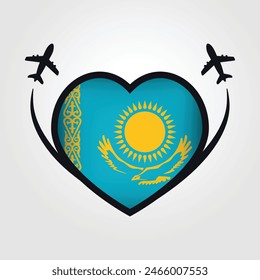 Kazakhstan Travel Heart Flag With Airplane Icons