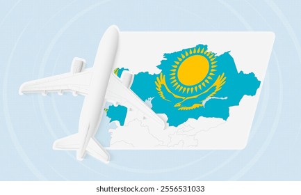 Kazakhstan Travel Illustration with Plane and National Flag. Ideal for travel agencies, promotional materials, or geographic content related to Kazakhstan.