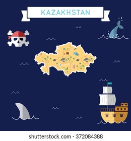 Kazakhstan treasure map in flat design. Colorful cartoon treasure map of Kazakhstan with flat design icons of pirate ship and jolly roger. Kazakhstan flat design vector illustration.