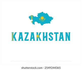 KAZAKHSTAN Tipografia com bandeira de mapa em um fundo branco, Projeto vetorial editável de KAZAKHSTAN tipografia com bandeira, Projeto do Dia da Independência, Projeto do dia do CAZAQUISTÃO, Bandeira Nacional do CAZAQUISTÃO