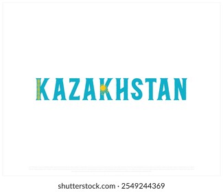 KAZAKHSTAN Tipografia com bandeira nacional em um fundo branco, Projeto vetorial editável da tipografia do CAZAQUISTÃO com bandeira, Projeto do Dia da Independência, Projeto do dia do CAZAQUISTÃO, Bandeira Nacional do CAZAQUISTÃO