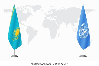 Kazakhstan and United Nations flags for official meeting against background of world map.