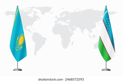 Kazakhstan and Uzbekistan flags for official meeting against background of world map.