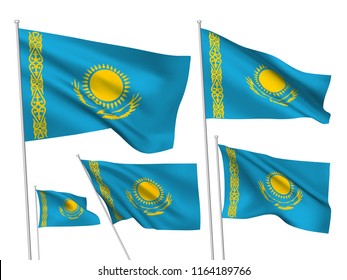 Kazakhstan vector flags set. 5 different wavy fabric 3D flags fluttering on the wind. EPS 8 created using gradient meshes isolated on white background. Five design elements from world collection