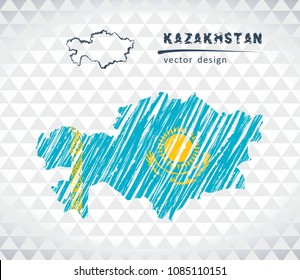 Kazakhstan vector map with flag inside isolated on a white background. Sketch chalk hand drawn illustration