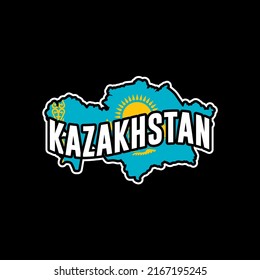 Kazakhstan vector map silhouette illustration isolated on black background. Sticker, made in Kazakhstan, map, silhouette, flag, emblem, identity, nation.